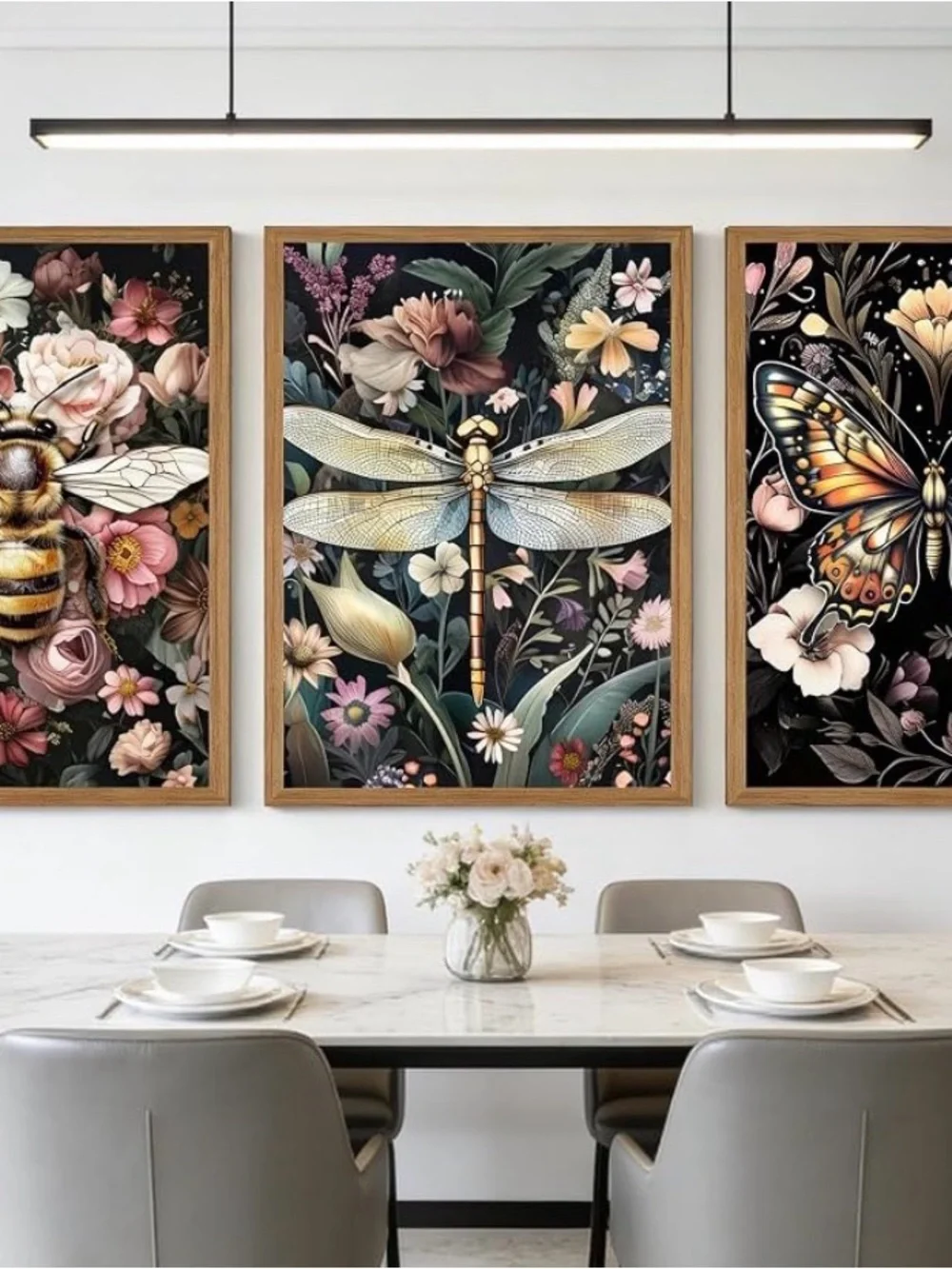 Canvas 3 Piece Set Floral Insect Wall Art Set - Black & Pink Botanical Prints